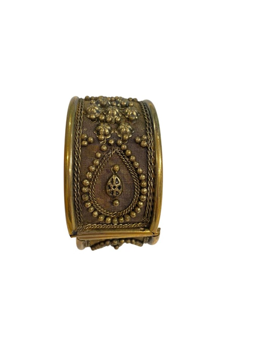 Vintage Brass Hinged Cuff Bracelet With Ornate Floral Design Made In India boho